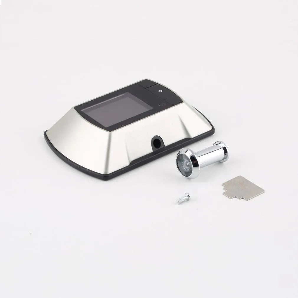Digital wireless door peephole with indoor LCD monitor and outdoor camera unit.