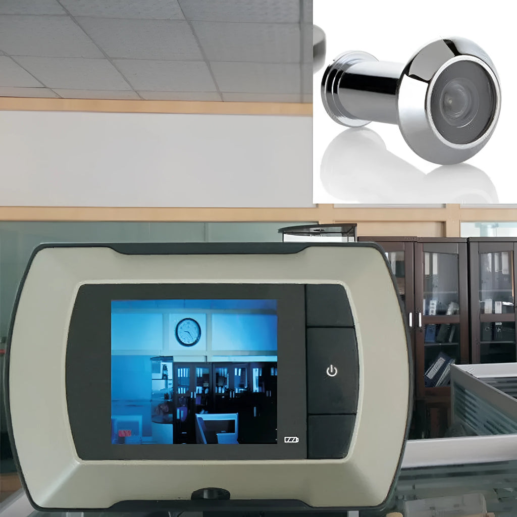 Digital wireless door peephole with indoor LCD monitor and outdoor camera unit.