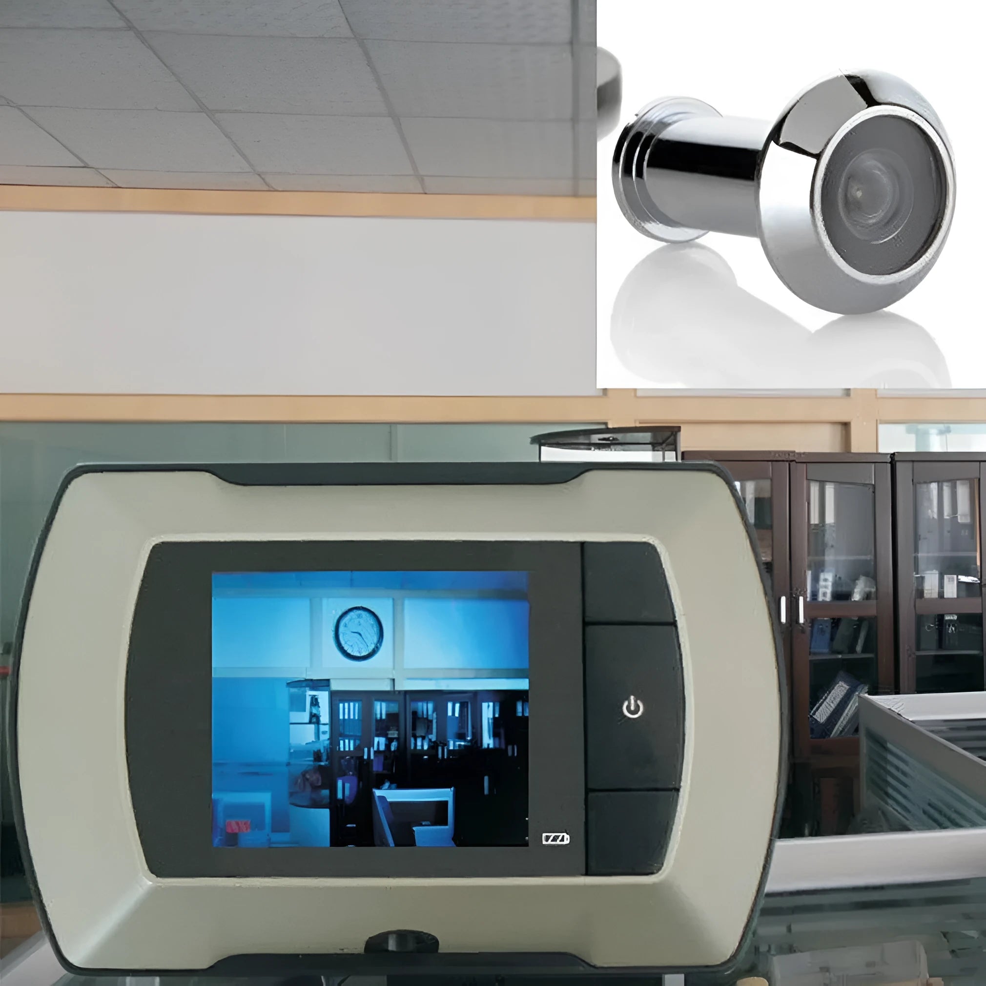 Digital wireless door peephole with indoor LCD monitor and outdoor camera unit.