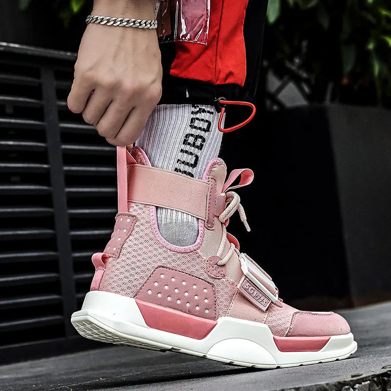 High-top hoverboard shoes for boys and men with mesh upper and rubber sole, in black, colourful, gray or pink