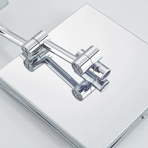 Stainless steel folding makeup mirror with 8.5 inch silver lens in a choice of four finishes.