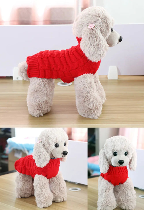 Cashmere twisted rope style dog sweater made from soft wool, shown in a red colour with thin line details.