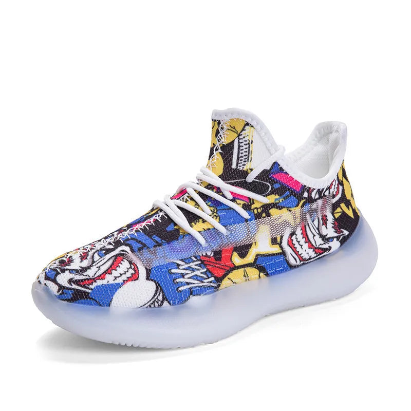 Men's breathable mesh casual running shoes with rubber sole, low cut design, front tie, available in colourful and white anime