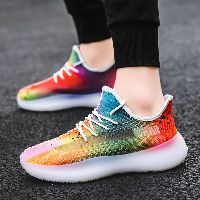 Men's breathable mesh casual running shoes with rubber sole, low cut design, front tie, available in colourful and white anime