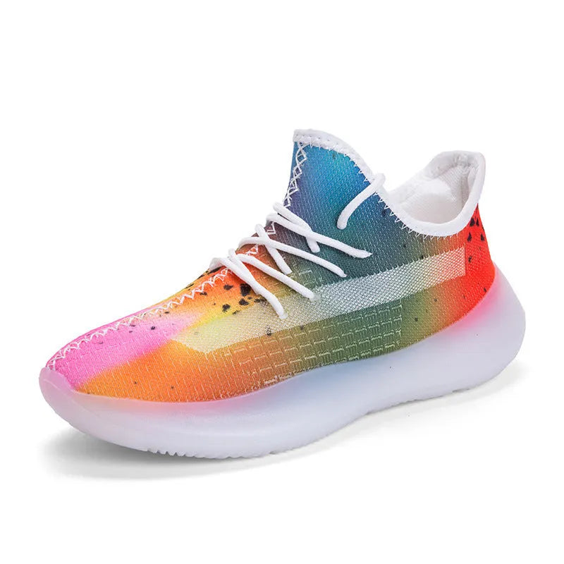Men's breathable mesh casual running shoes with rubber sole, low cut design, front tie, available in colourful and white anime