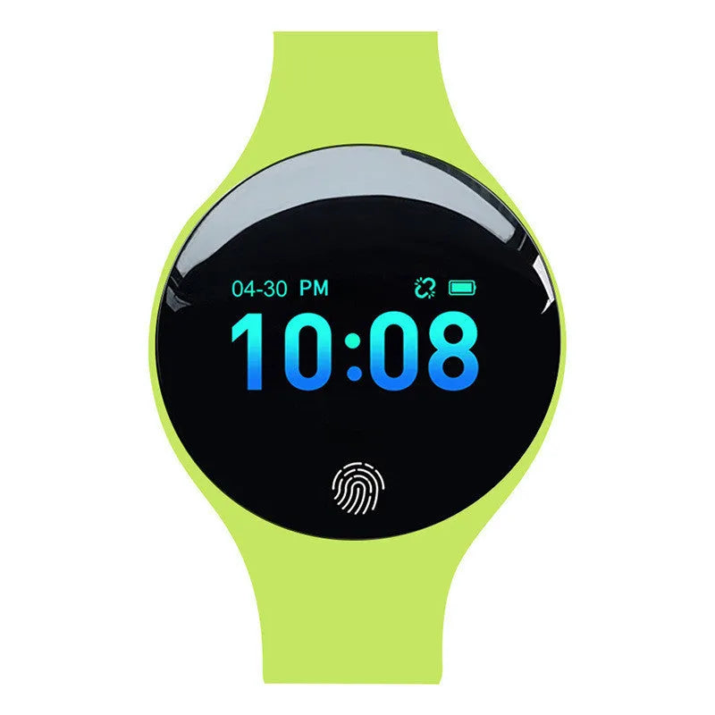 Bluetooth smart watch with 0.66-inch screen on wrist, shown in rose red colour with pedometer and vibrating alarm features.
