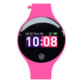 Bluetooth smart watch with 0.66-inch screen on wrist, shown in rose red colour with pedometer and vibrating alarm features.