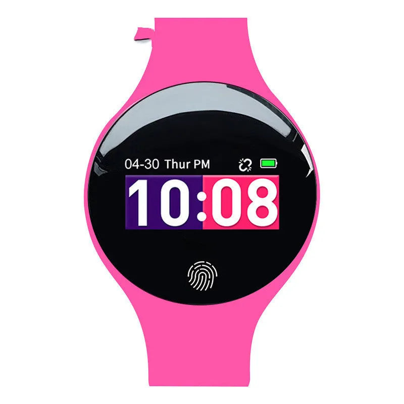 Bluetooth smart watch with 0.66-inch screen on wrist, shown in rose red colour with pedometer and vibrating alarm features.