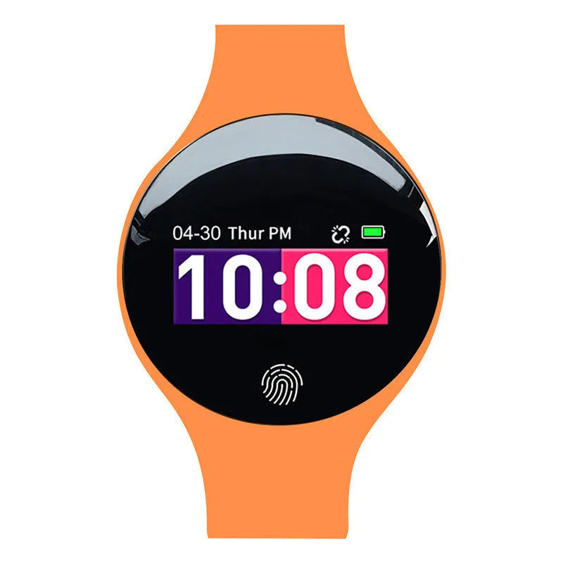 Bluetooth smart watch with 0.66-inch screen on wrist, shown in rose red colour with pedometer and vibrating alarm features.