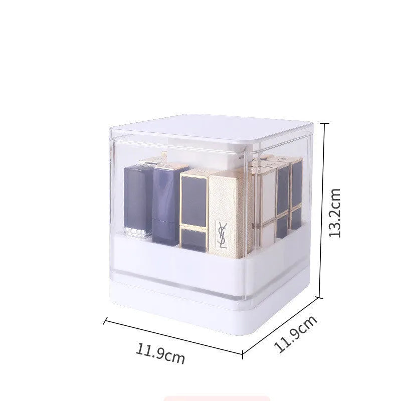 White press-lift lipstick storage box with transparent dust cover and 12 internal compartments.