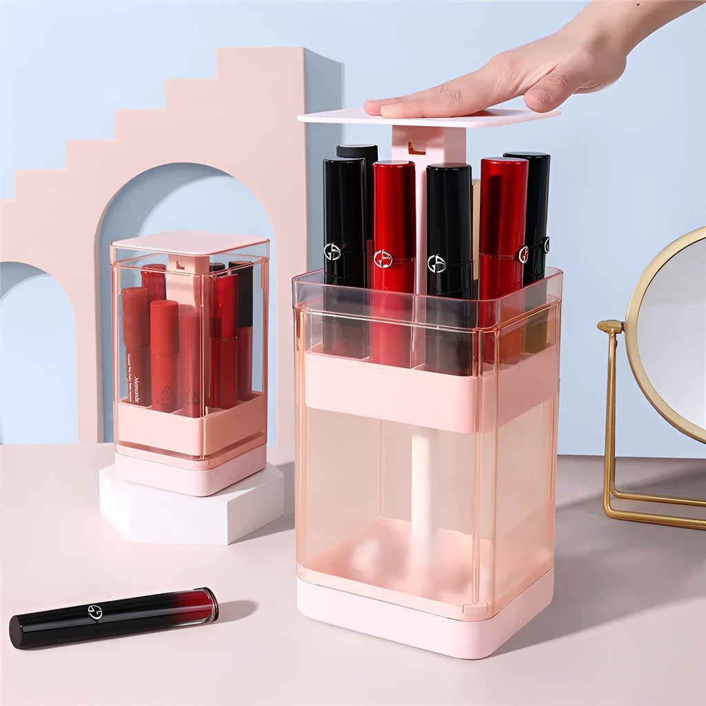 White press-lift lipstick storage box with transparent dust cover and 12 internal compartments.