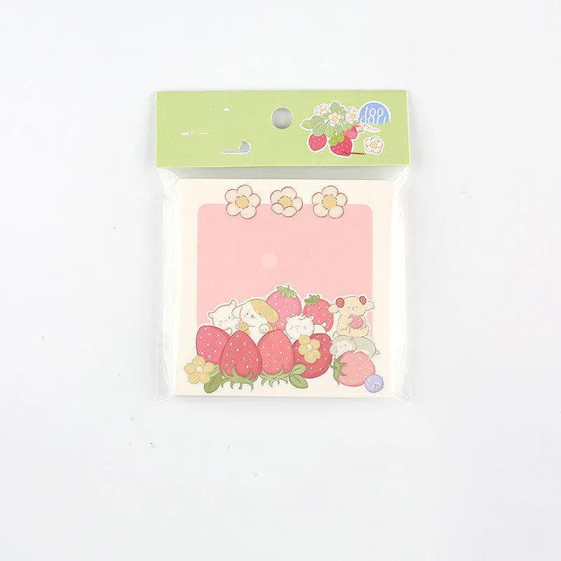 MINKYS kawaii memo pad with 100 sheets in 80x80mm paper brick, showing a berry milk design