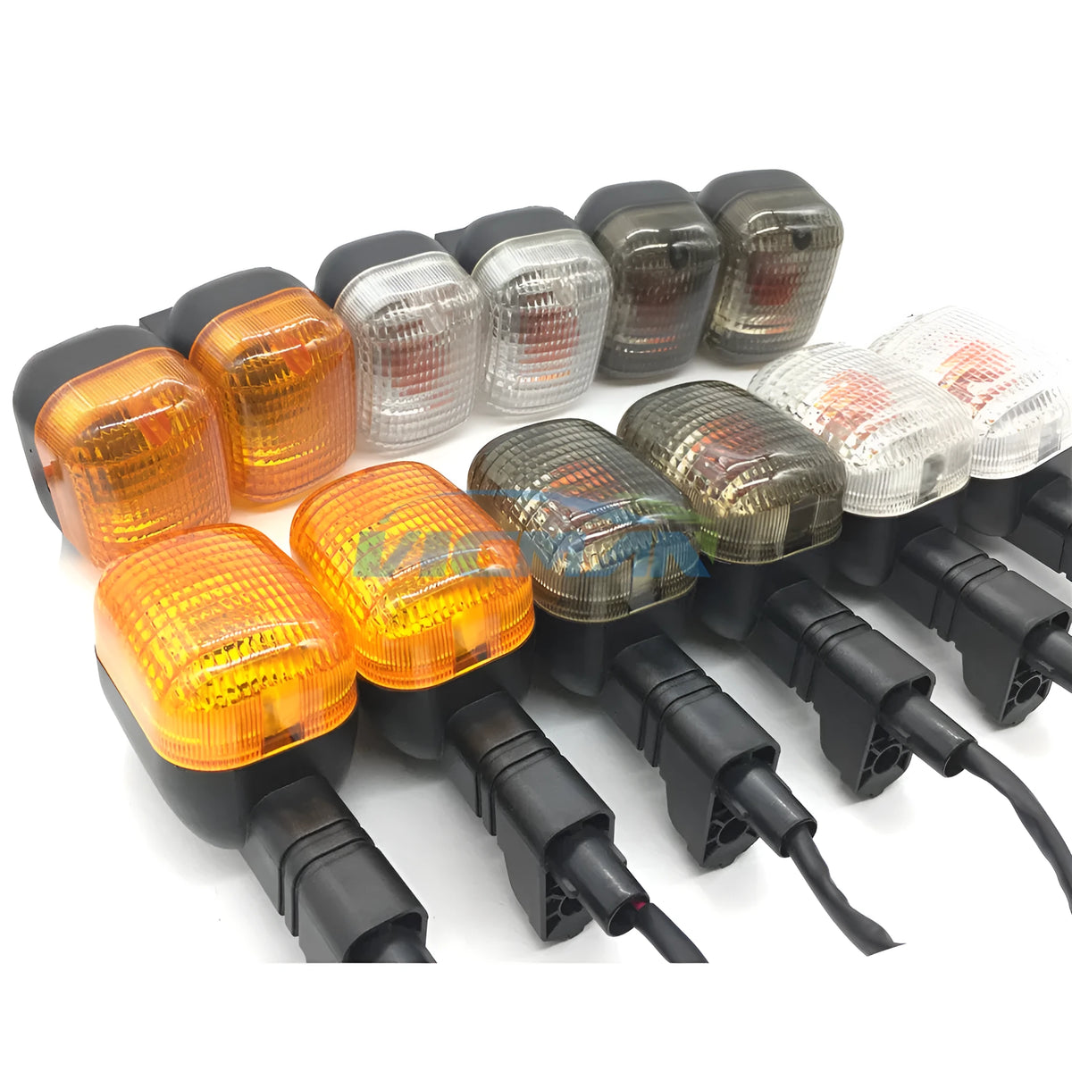 BWS100 motorcycle turn signal light for BWS series, shown in soot, transparent or yellow with headlight or rear light style options.