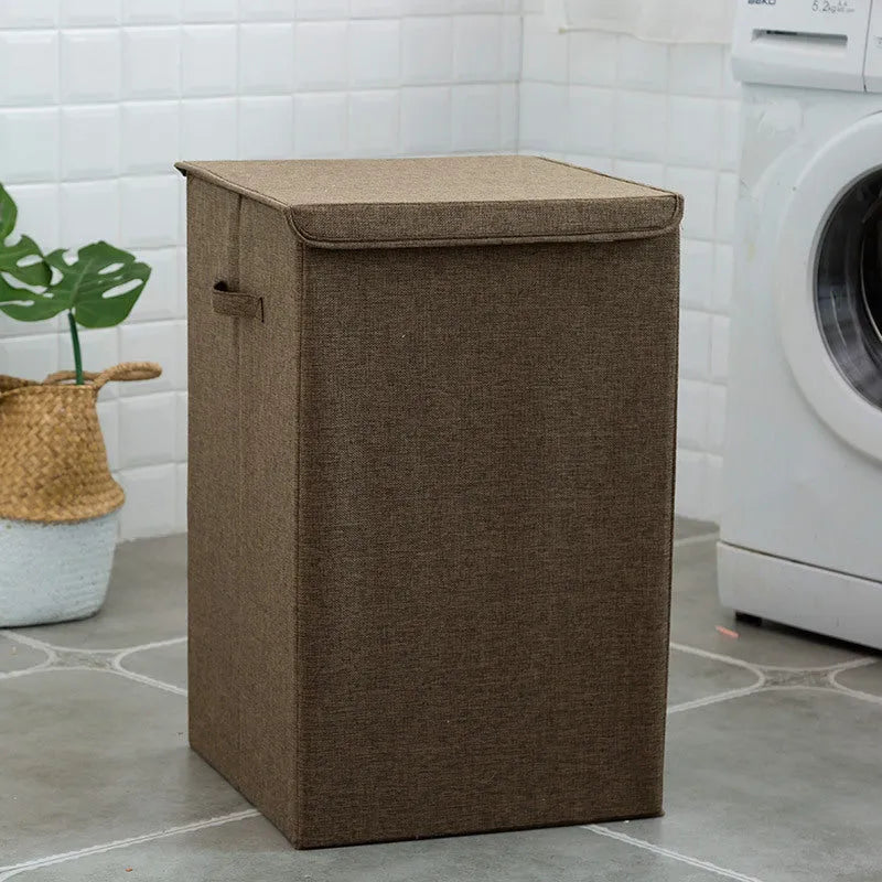 Washable fabric clothes sorting box in beige, brown, green, or grey colours for bathroom organisation