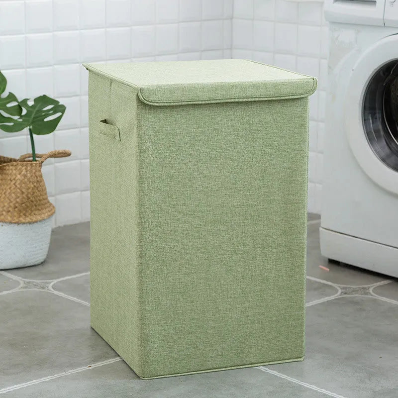 Washable fabric clothes sorting box in beige, brown, green, or grey colours for bathroom organisation