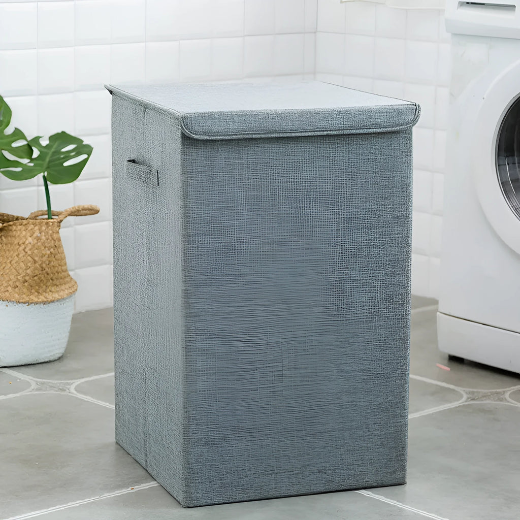 Washable fabric clothes sorting box in beige, brown, green, or grey colours for bathroom organisation