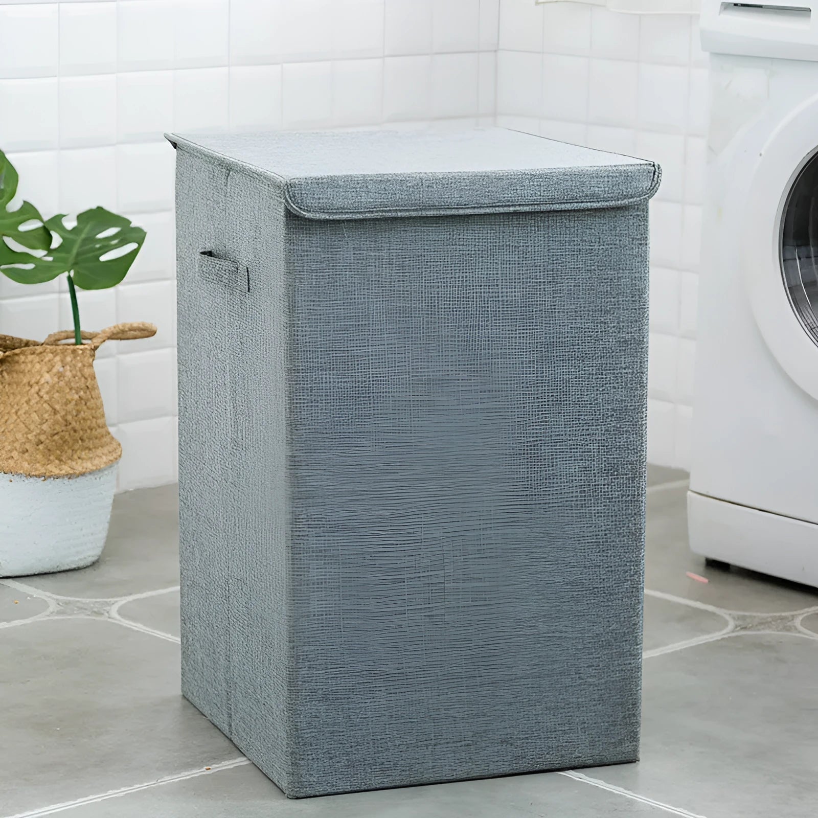 Washable fabric clothes sorting box in beige, brown, green, or grey colours for bathroom organisation