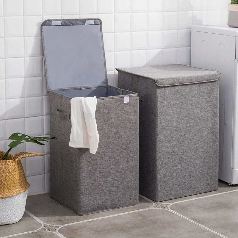 Washable fabric clothes sorting box in beige, brown, green, or grey colours for bathroom organisation