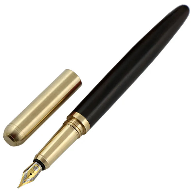 African rosewood vintage brass wood fountain pen with rotary piston and stainless steel nib on white background