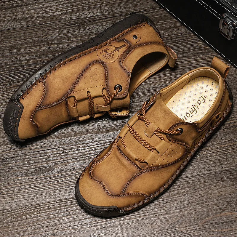 Men's casual microfiber leather shoes in black, gold and khaki with round toe design