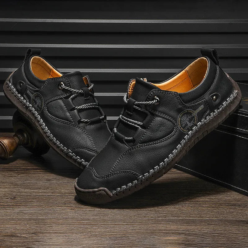 Men's casual microfiber leather shoes in black, gold and khaki with round toe design