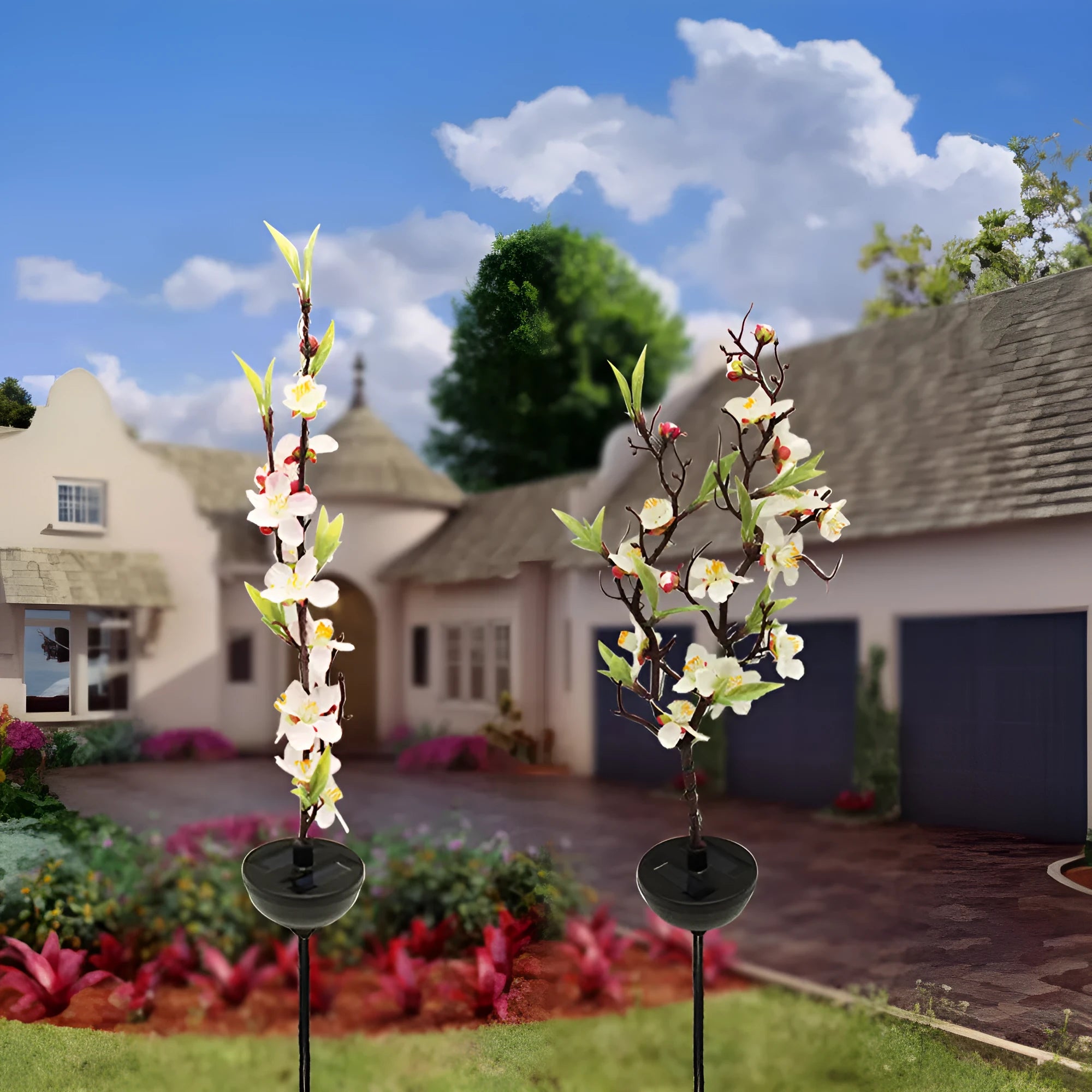 Solar-powered cherry blossom garden lights with waterproof outdoor construction