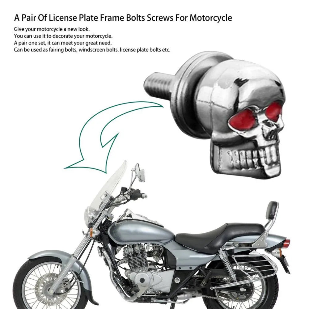 Pair of silver metal skull decorative bolts for motorcycle car fairing windshield license plate