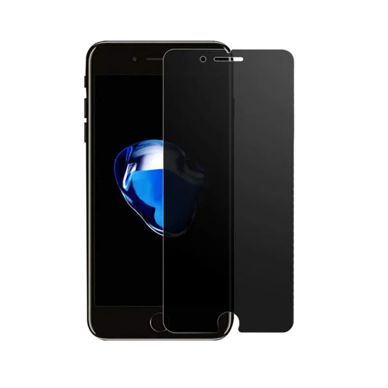 Anti-peeping tempered glass screen protector for iPhone on a phone display.