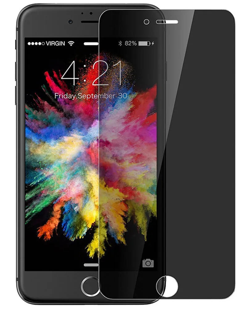 Anti-peeping tempered glass screen protector for iPhone on a phone display.
