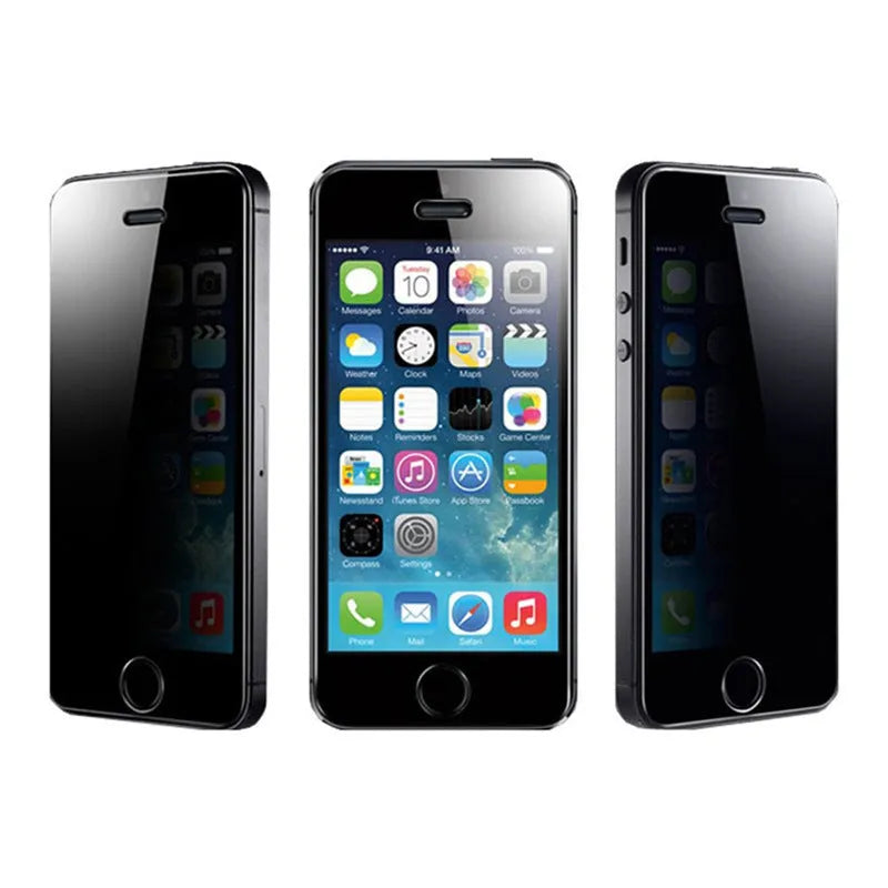 Anti-peeping tempered glass screen protector for iPhone on a phone display.