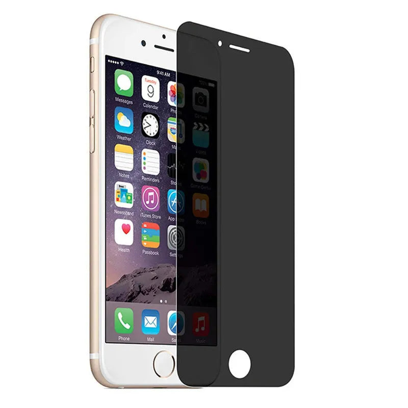 Anti-peeping tempered glass screen protector for iPhone on a phone display.
