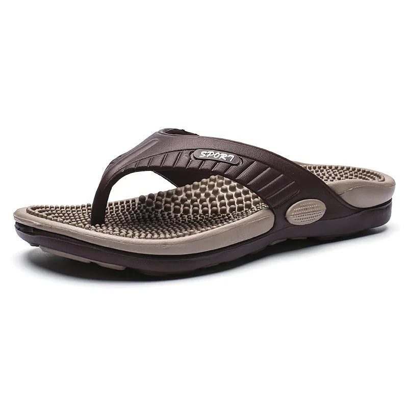 Men's flat slippers with rubber plastic sole in khaki colour for home and outdoor wear