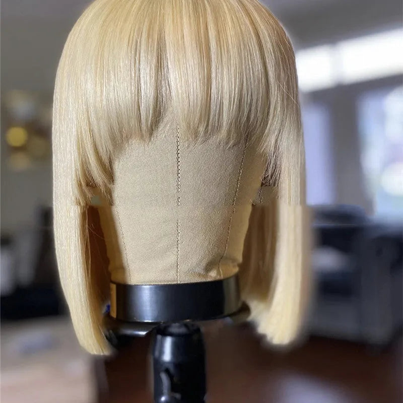 Short straight bobo wig in blonde, gold, and light brown, synthetic high temperature wire, women's style