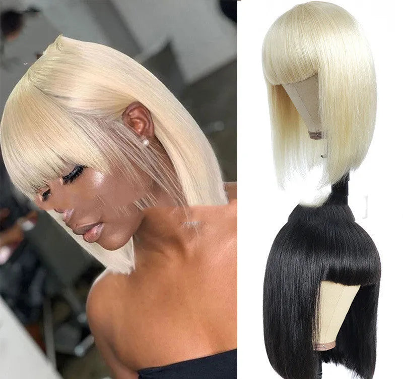 Short straight bobo wig in blonde, gold, and light brown, synthetic high temperature wire, women's style