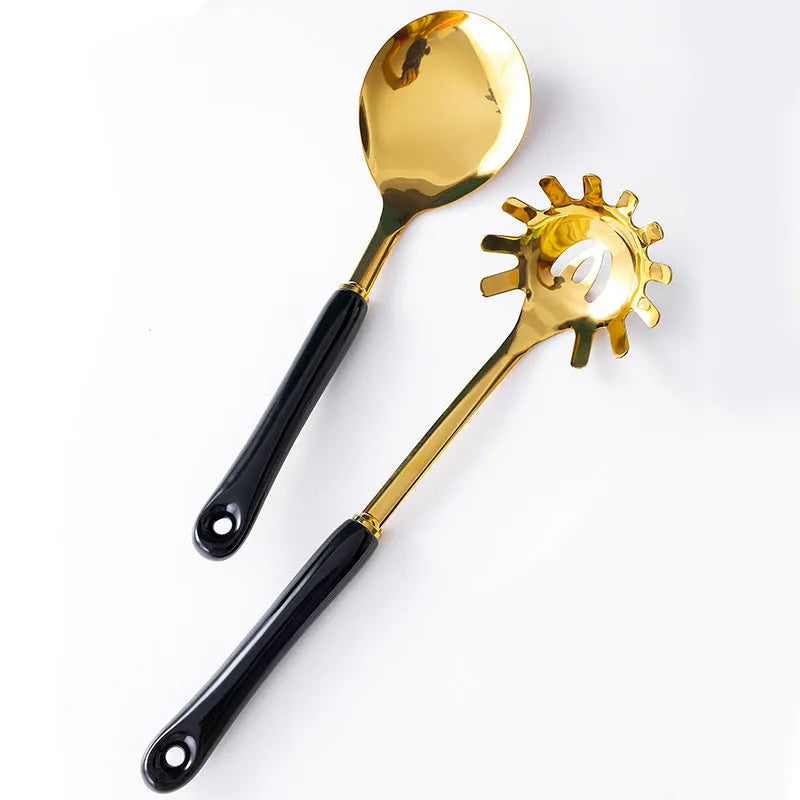 Stainless steel kitchen utensils set with scoop and shovel, available in white, pink, and black colour options
