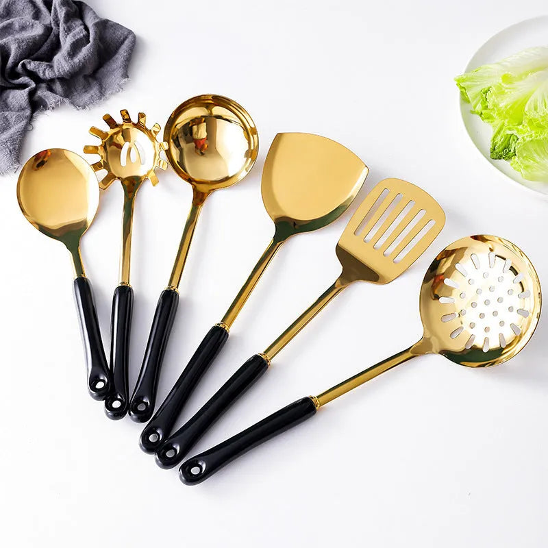 Stainless steel kitchen utensils set with scoop and shovel, available in white, pink, and black colour options