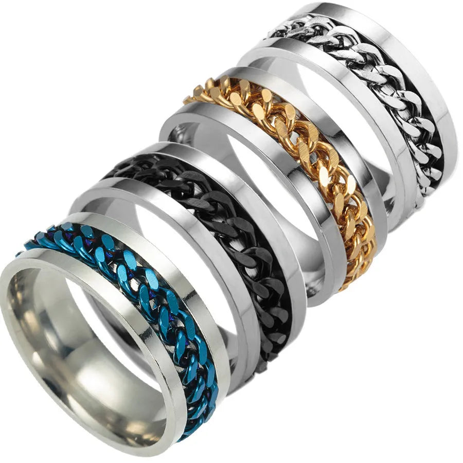 Titanium steel spinner ring with chain pattern and beer bottle opener in multiple colours and sizes