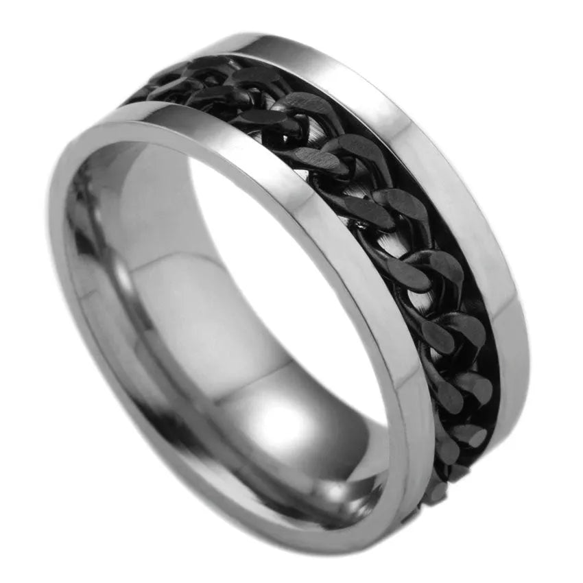 Titanium steel spinner ring with chain pattern and beer bottle opener in multiple colours and sizes