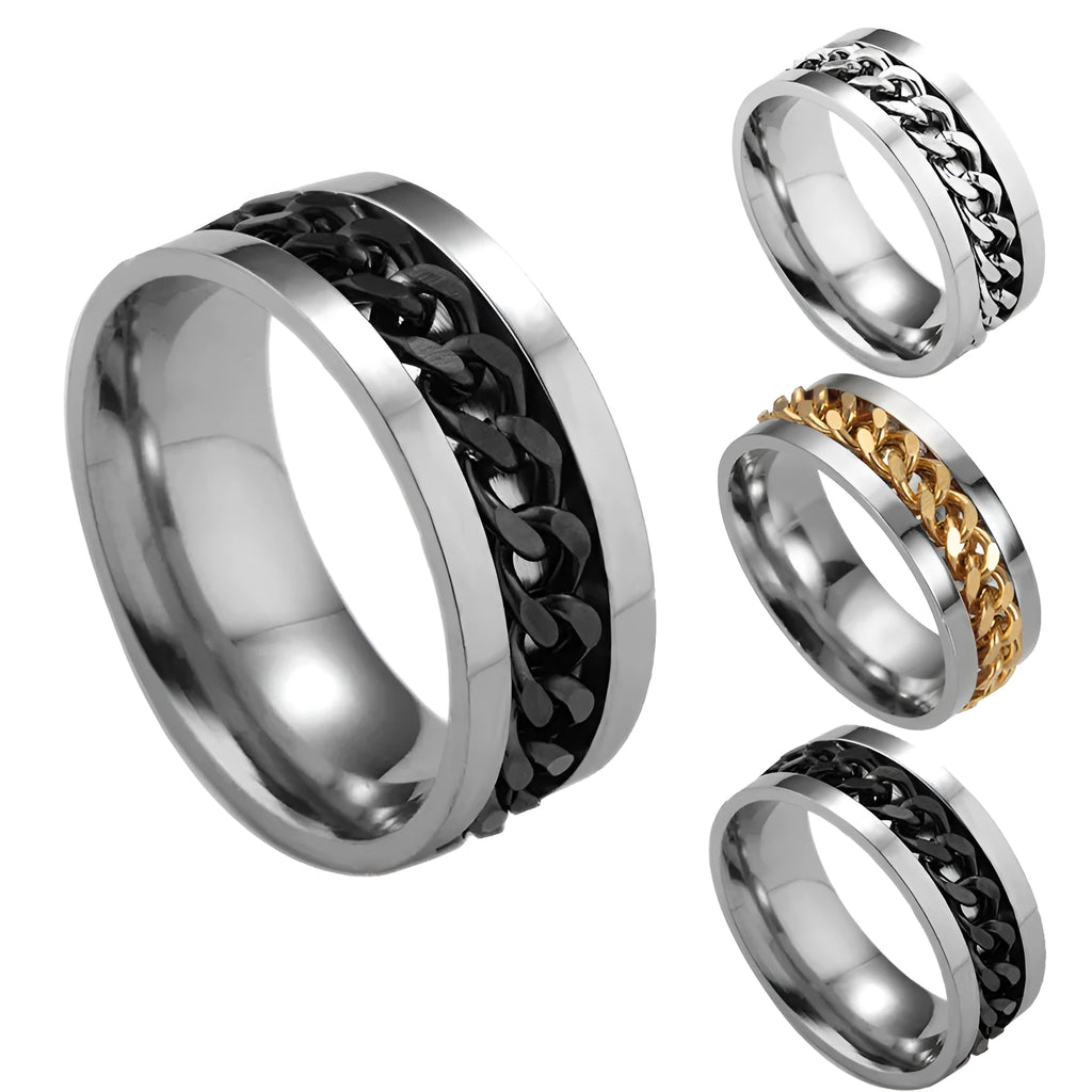 Titanium steel spinner ring with chain pattern and beer bottle opener in multiple colours and sizes