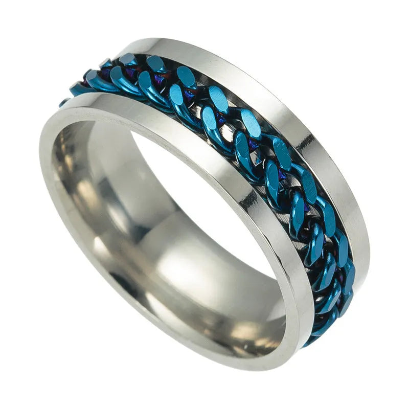 Titanium steel spinner ring with chain pattern and beer bottle opener in multiple colours and sizes