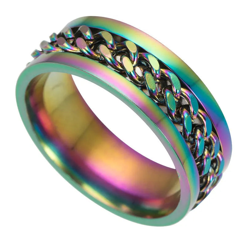 Titanium steel spinner ring with chain pattern and beer bottle opener in multiple colours and sizes
