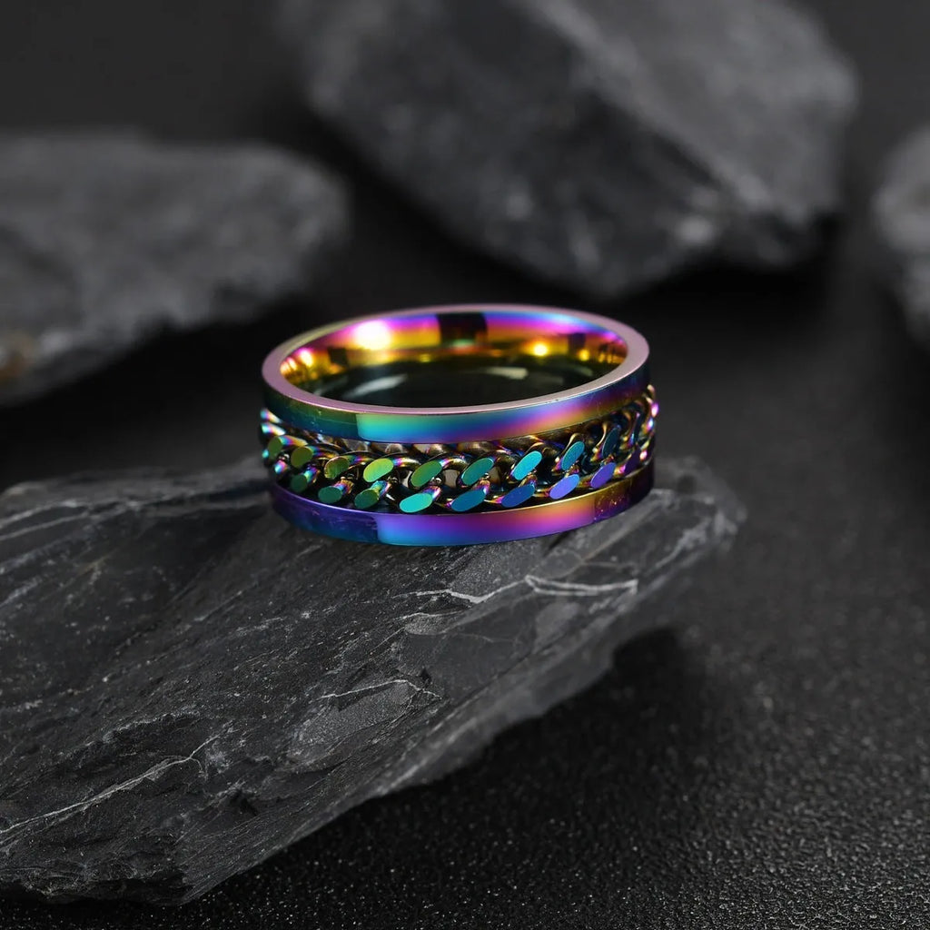 Titanium steel spinner ring with chain pattern and beer bottle opener in multiple colours and sizes