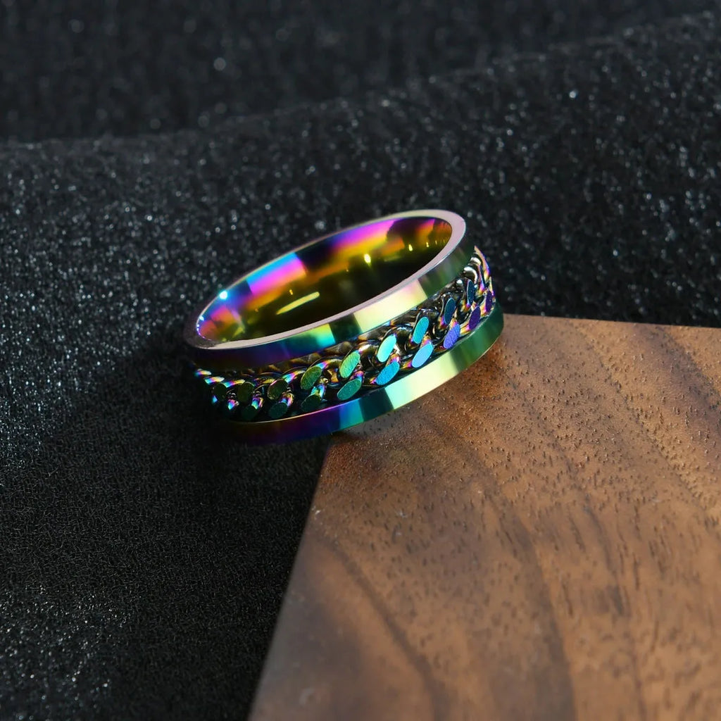 Titanium steel spinner ring with chain pattern and beer bottle opener in multiple colours and sizes