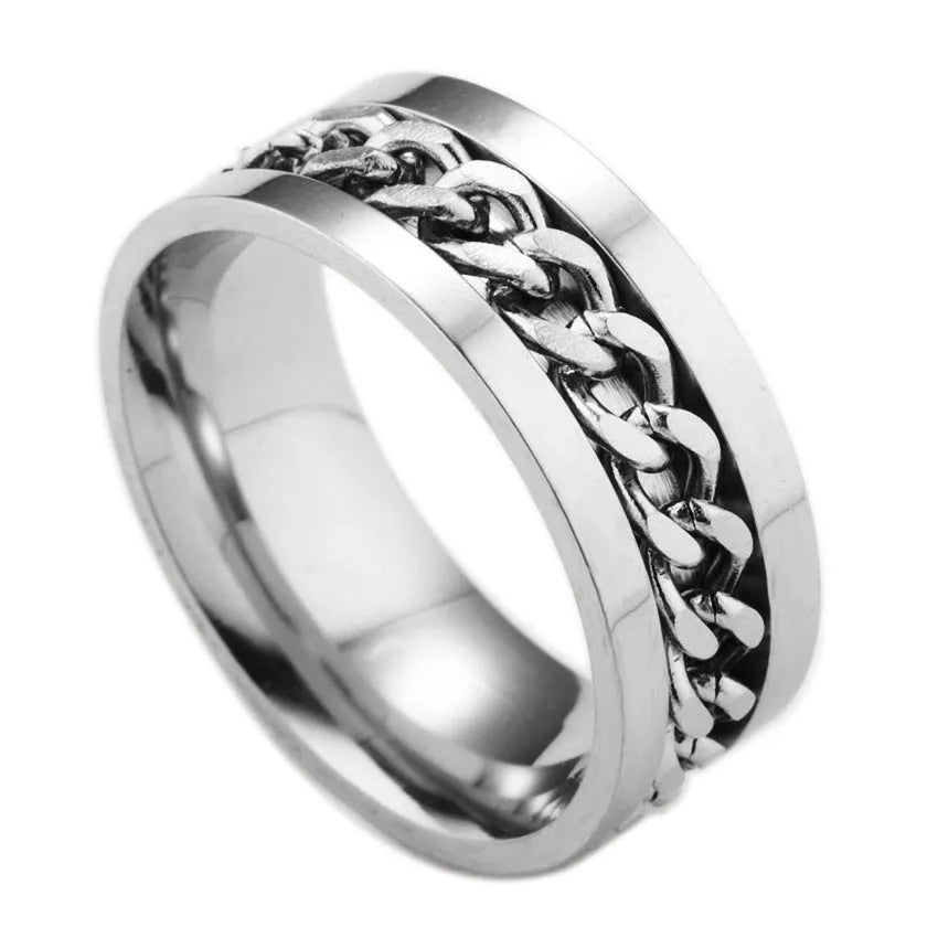 Titanium steel spinner ring with chain pattern and beer bottle opener in multiple colours and sizes