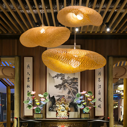 40cm diameter bamboo Chinese chandelier with A-shell design for Zen tea room lighting