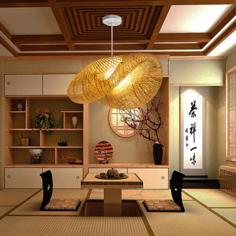 Bamboo Chinese Zen tea room chandelier lamp with 40cm shell diameter