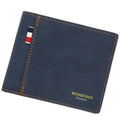 Men's black tri-fold leather-look wallet open to show multiple card slots and cash compartment