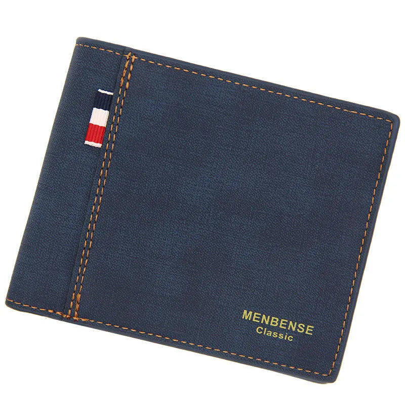 Men's black tri-fold leather-look wallet open to show multiple card slots and cash compartment