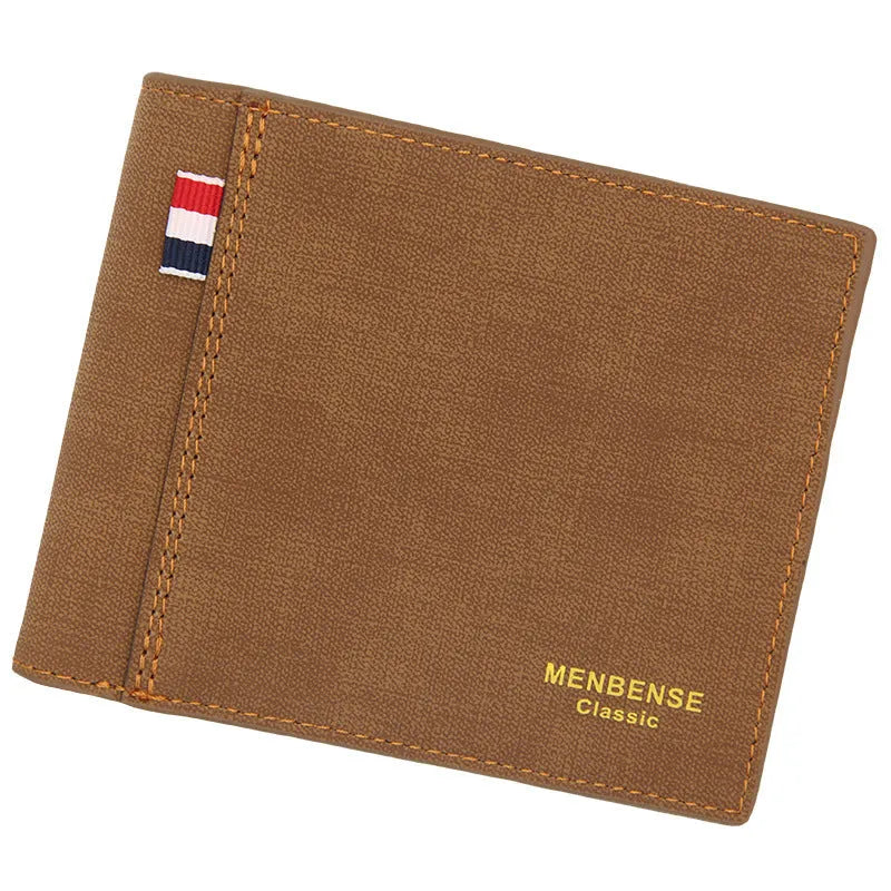 Men's retro tri-fold wallet shown open showing multiple card slots and cash compartment