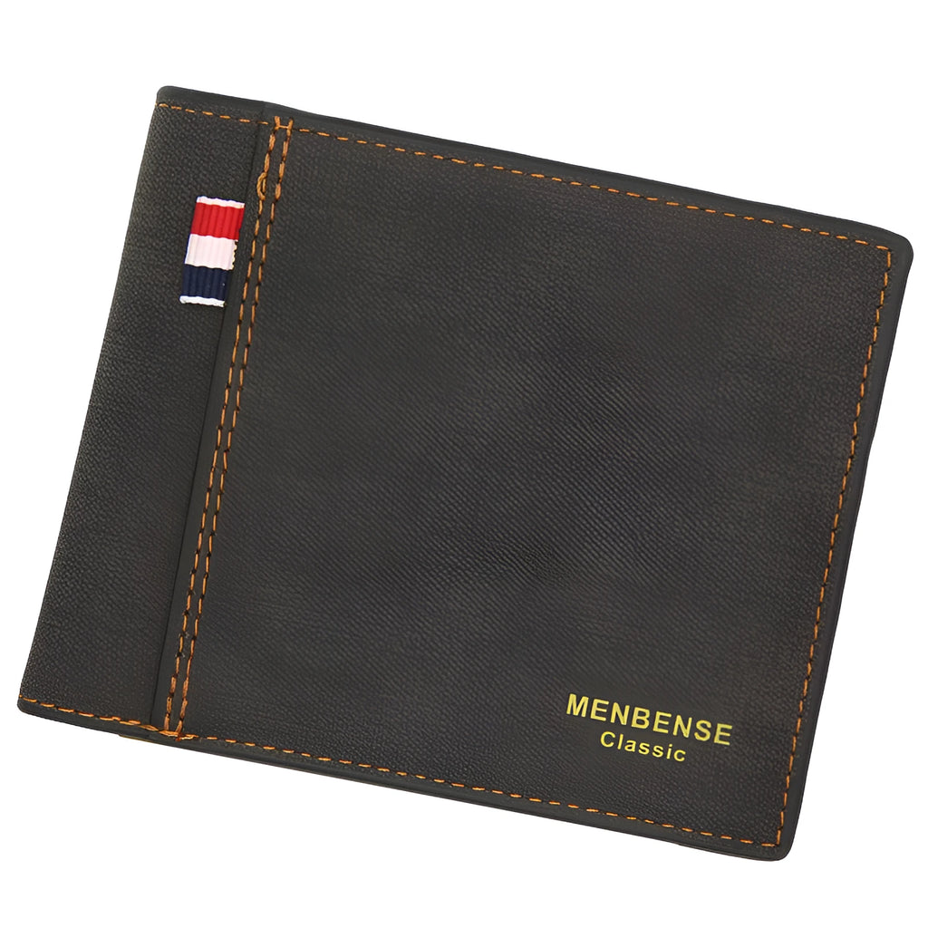 Men's black tri-fold leather-look wallet open to show multiple card slots and cash compartment